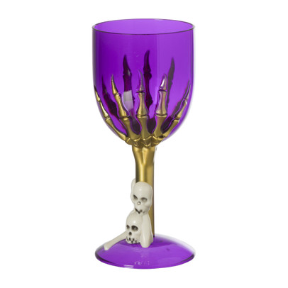 Wijnglas skelethand plastic – paars – ø8×17 cm