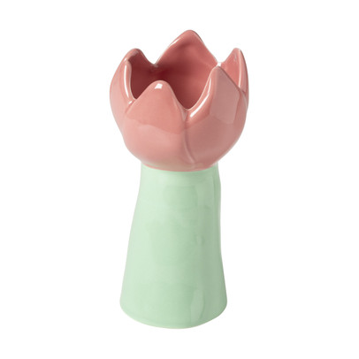 Waxinelichthouder tulp L – roze/groen – ø8×16 cm