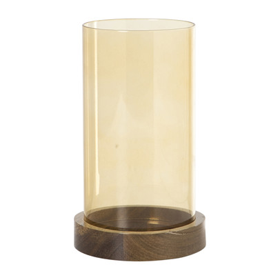 Windlicht glas en hout klein – beige/bruin – ø10×20 cm