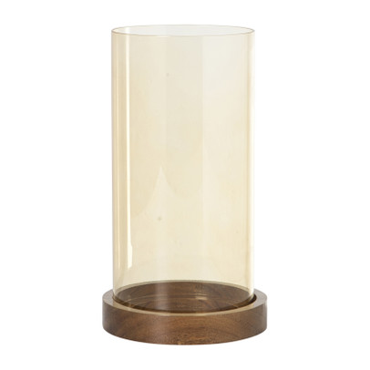 Windlicht glas en hout groot – beige/bruin – ø12×25 cm