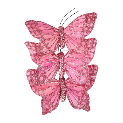 Vlinders op clip – 3 stuks – roze – 9.5 cm