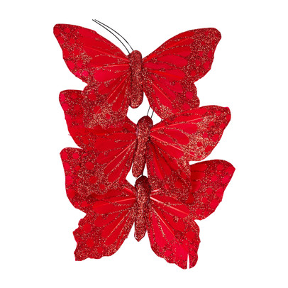 Vlinders op clip – rood – 3 stuks
