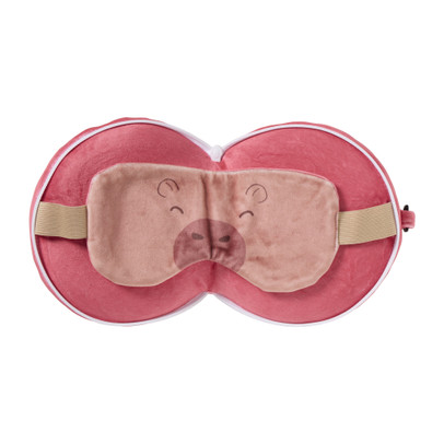 2-in-1 reiskussen capibara met oogmasker – roze/rood
