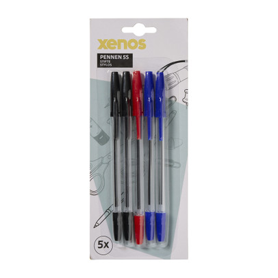 Balpen – zwart/rood/blauw – set van 5